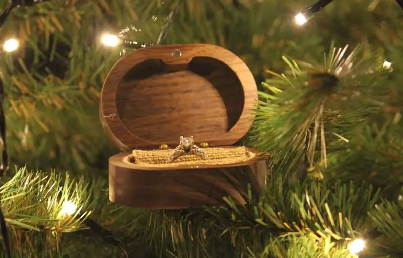 ring box in lit up holiday tree